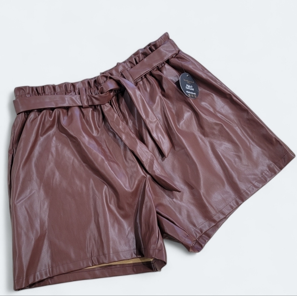 NEW Jolie & Joy Brown Faux Leather Paperbag Shorts with tie Belt Size 1X